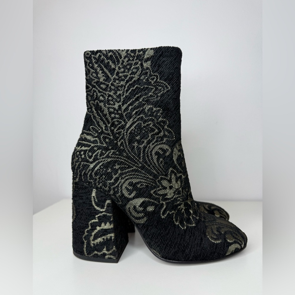 ASH Fedora Black Gold Metallic Jacquard Tapestry Block Heel Ankle Boot Women’s 7